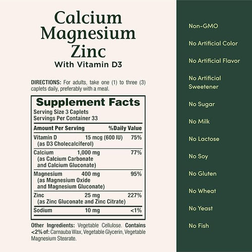 Calcium Magnesium Zinc  100 Caplets
