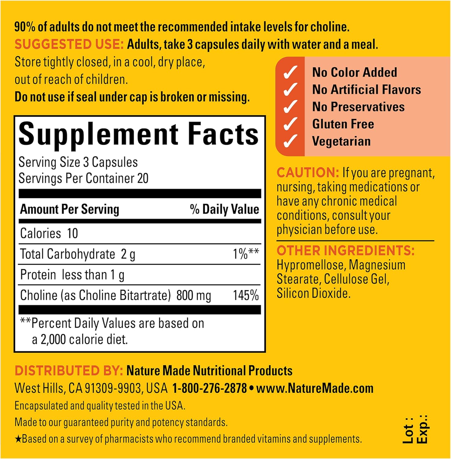 Choline Extra Strength Dosage 800 Mg Per 3 Capsules - 60 Capsules