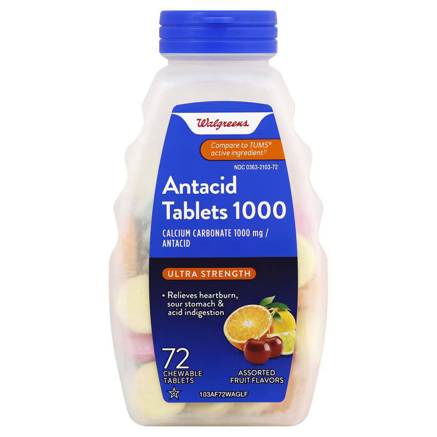 Walgreens Ultra Strength Antacid Chewable Tablets, 1000 mg Assorted Fruit, 72