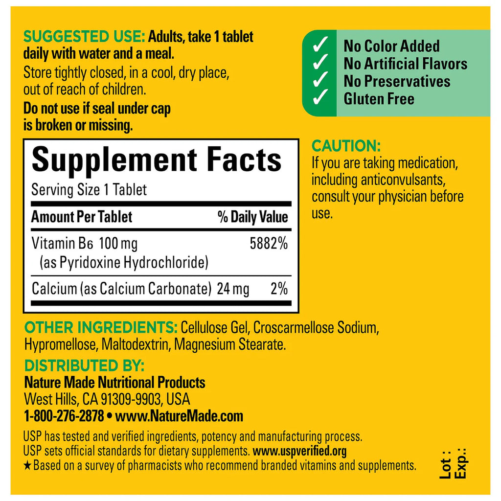 Vitamin B6 100 mg 100 Tablets