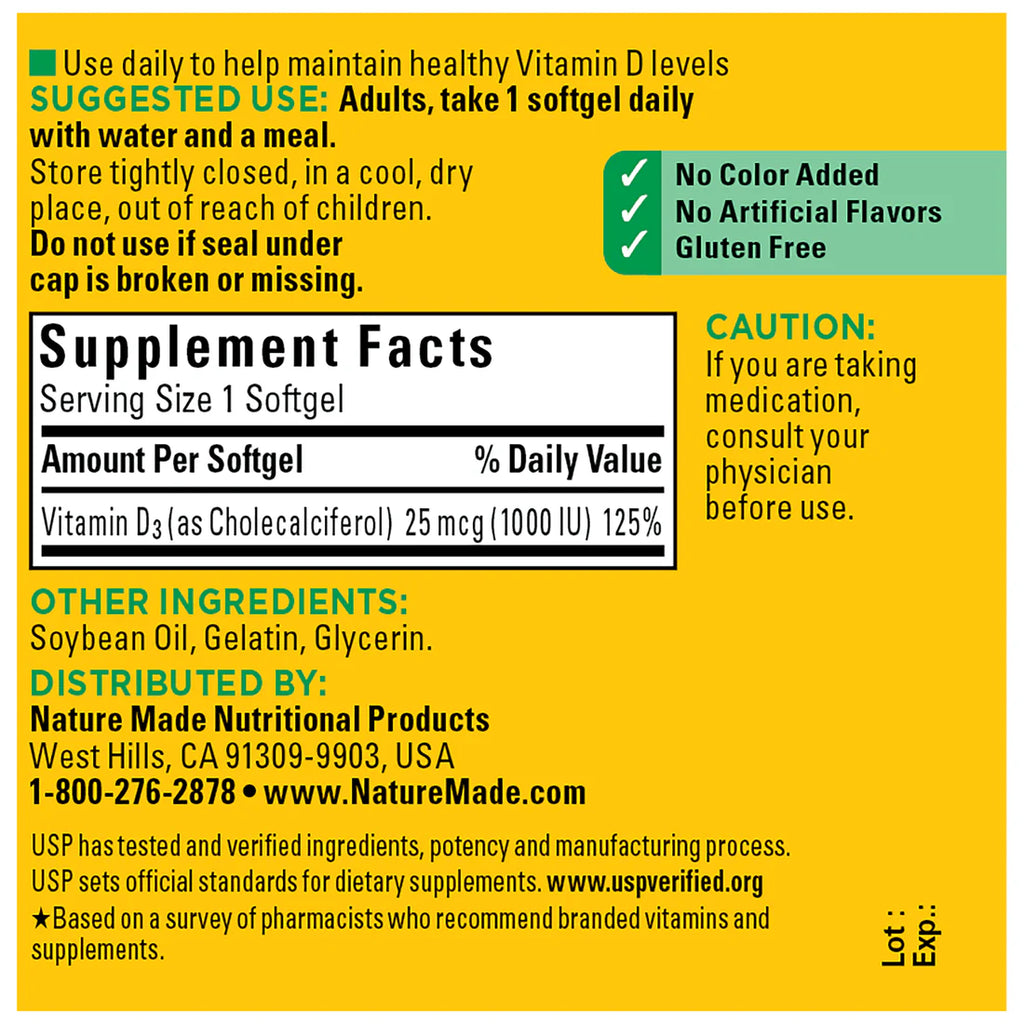 Vitamin D3 1000 IU (25 mcg) 100 Softgels