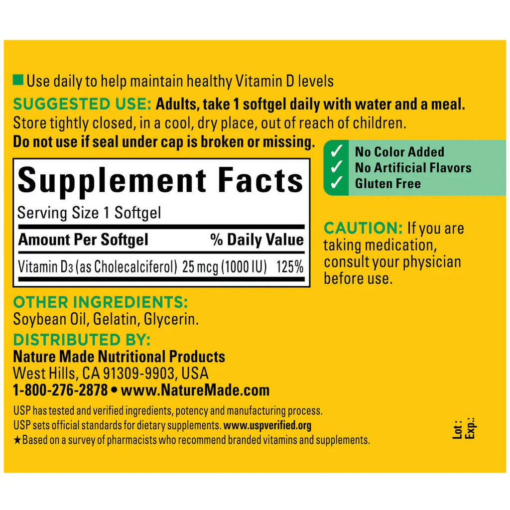 Vitamin D3 1000 IU (25 mcg) 180 Softgels